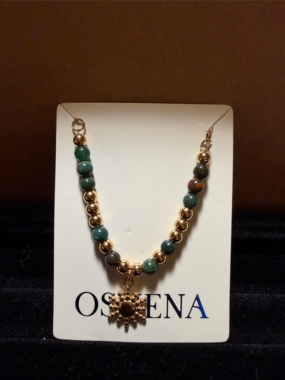Oshena - Green and Gold Chalcedony Quartz with Sun Pendant Necklace (limited ed)